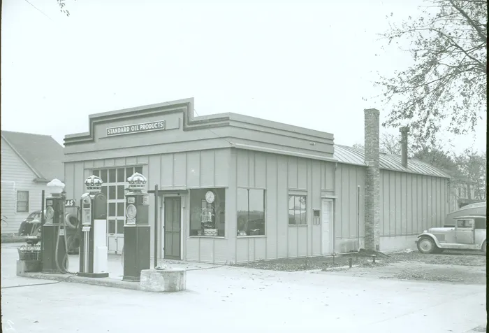 Historic Standard Oil Products gas station with vintage fuel pumps
