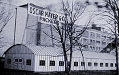 Historic Oscar Mayer packing plant building with company sign